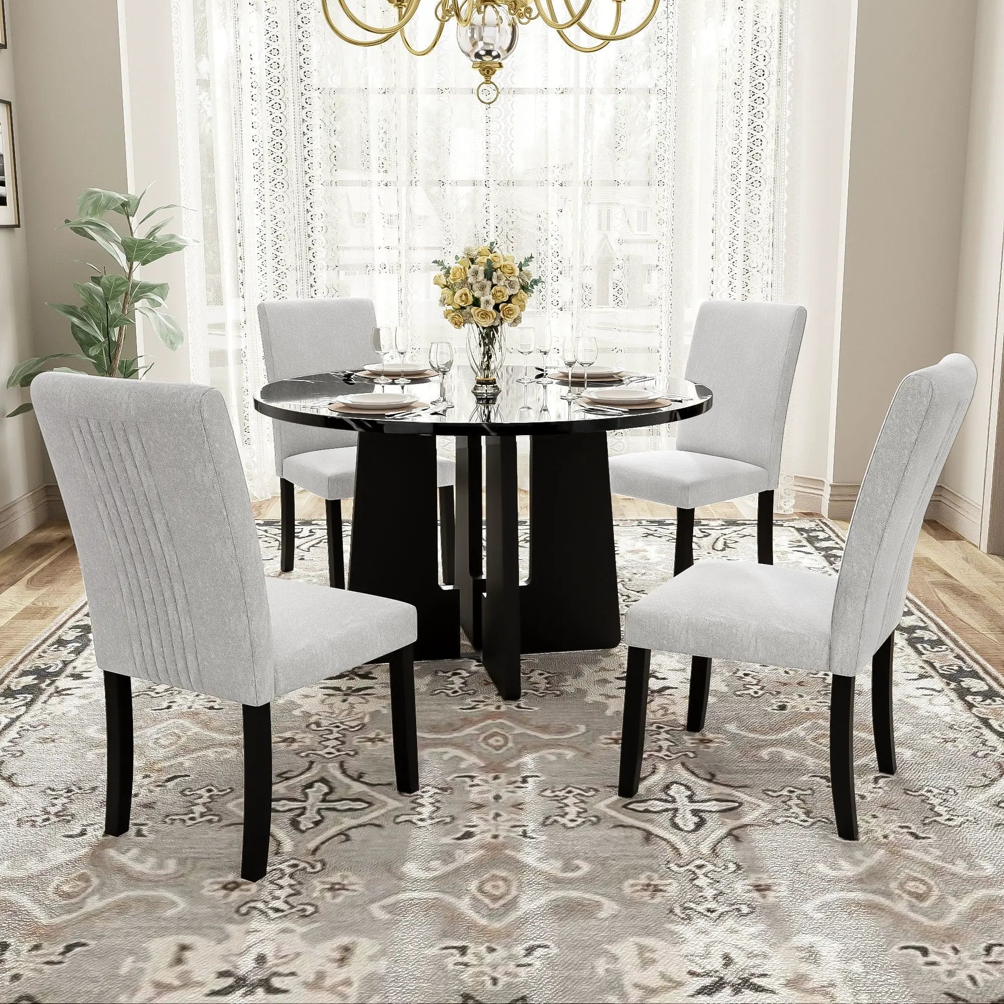 5 Piece Round Dining Table Set, Modern Dining Table And 4 Upholstered Chairs For Dining Room by Unique Piece Furniture
