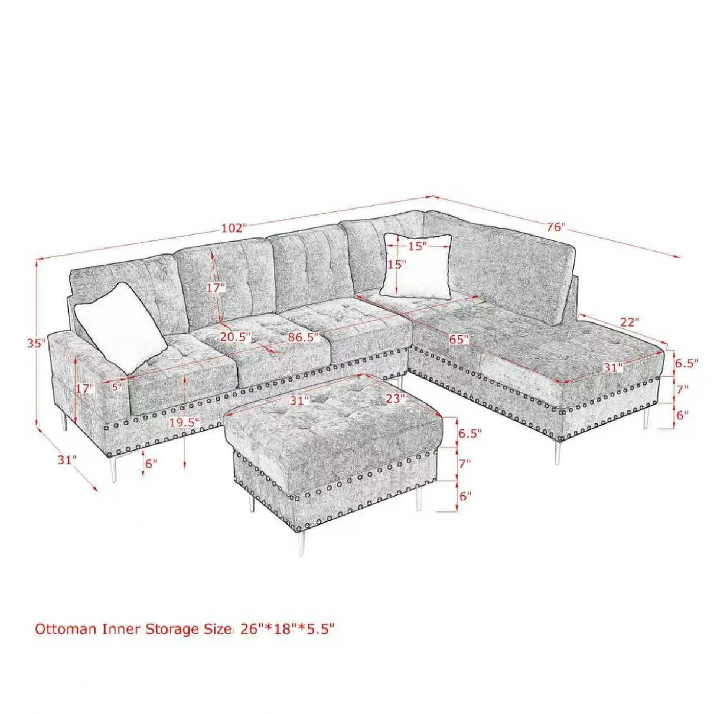 L-Shaped Sectional Sofa With Chaise And Storage Ottoman, Includes 2 Pillows by HouseOfZazla