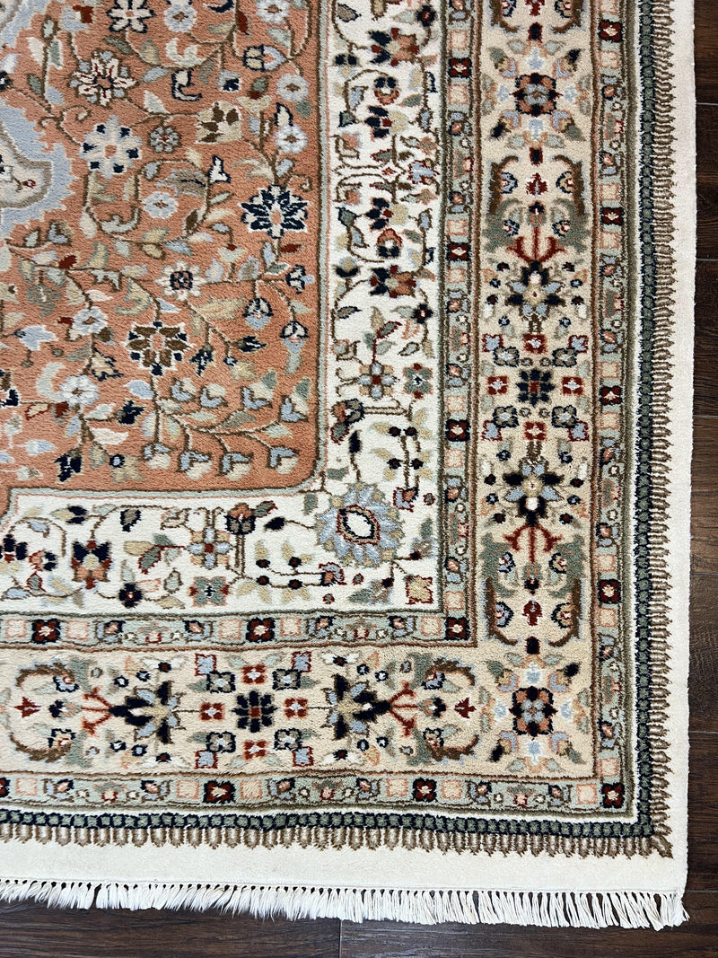 Indo Persian Rug 6x9, Wool Hand Knotted Vintage Carpet, Salmon & Ivory, Traditional Oriental Rug 6 x 9 by Jewel Rugs