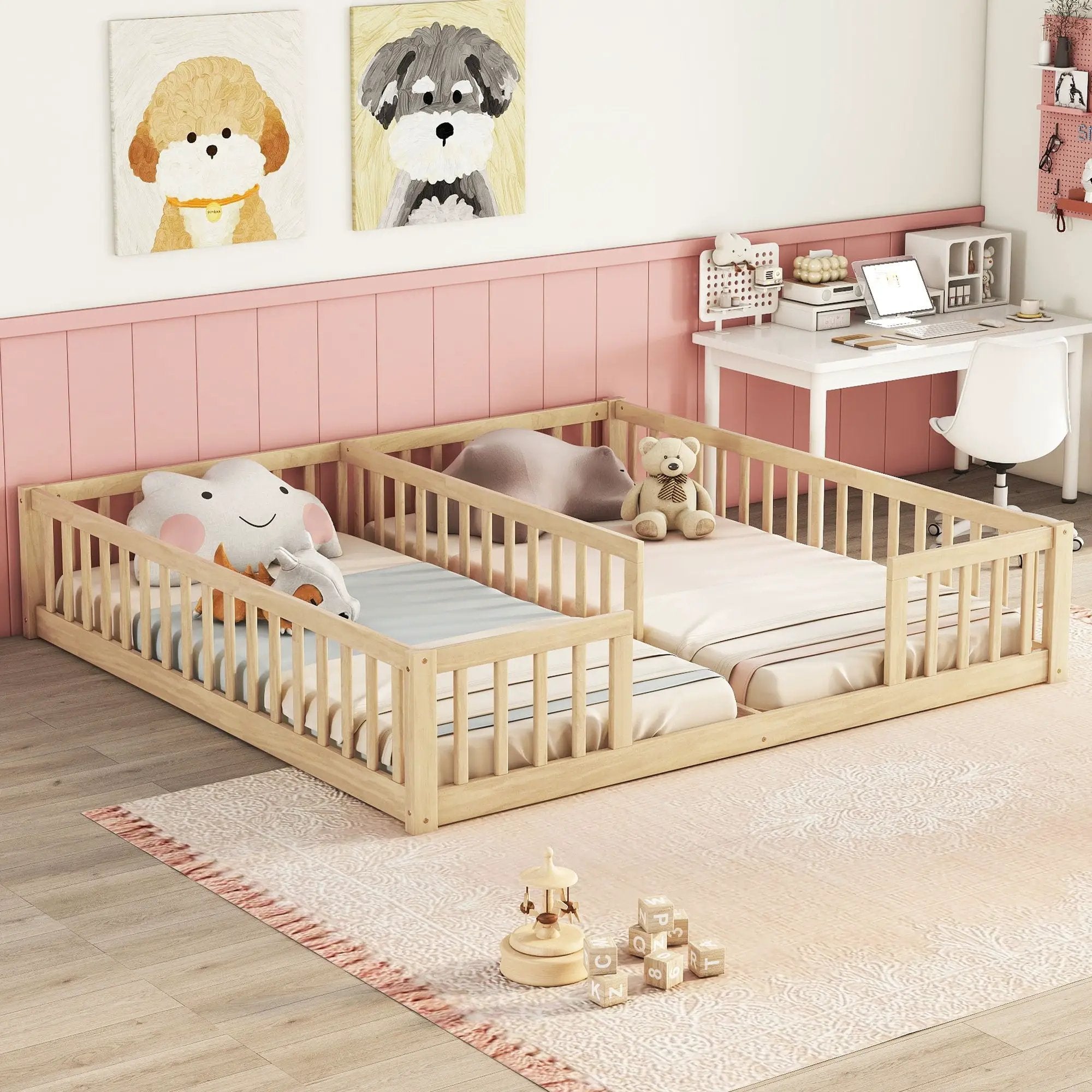Double Floor Bed With Fence, Guardrails, Without Door by Unique Piece Furniture