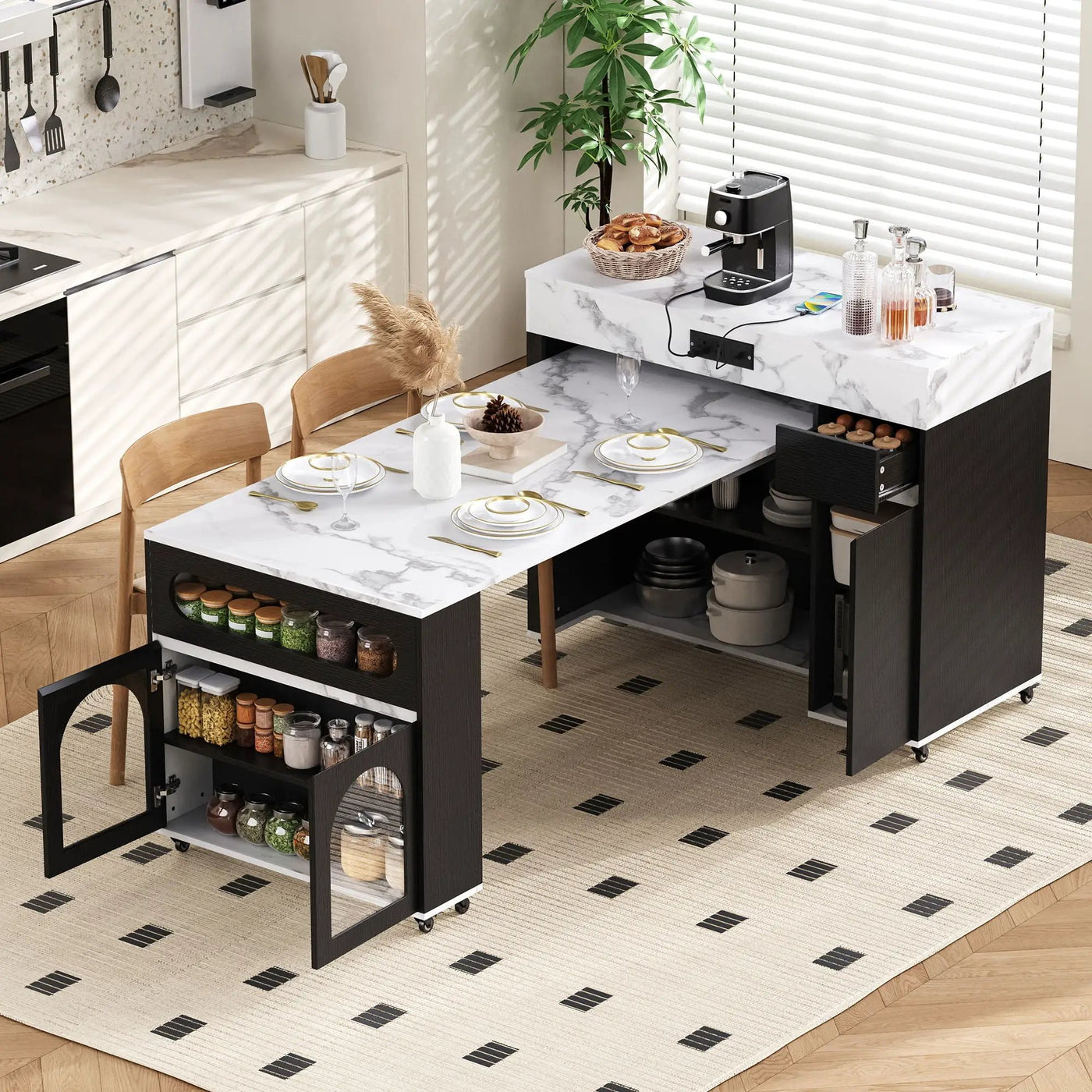 Extendable Dining Table With Folding Top, Rolling Kitchen Island With Drawers And Power Outlet by HouseOfZazla