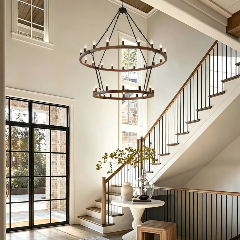 Large Solid Wood Wagon Wheel Chandelier, 2-Tier 32-Lights by HouseOfZazla