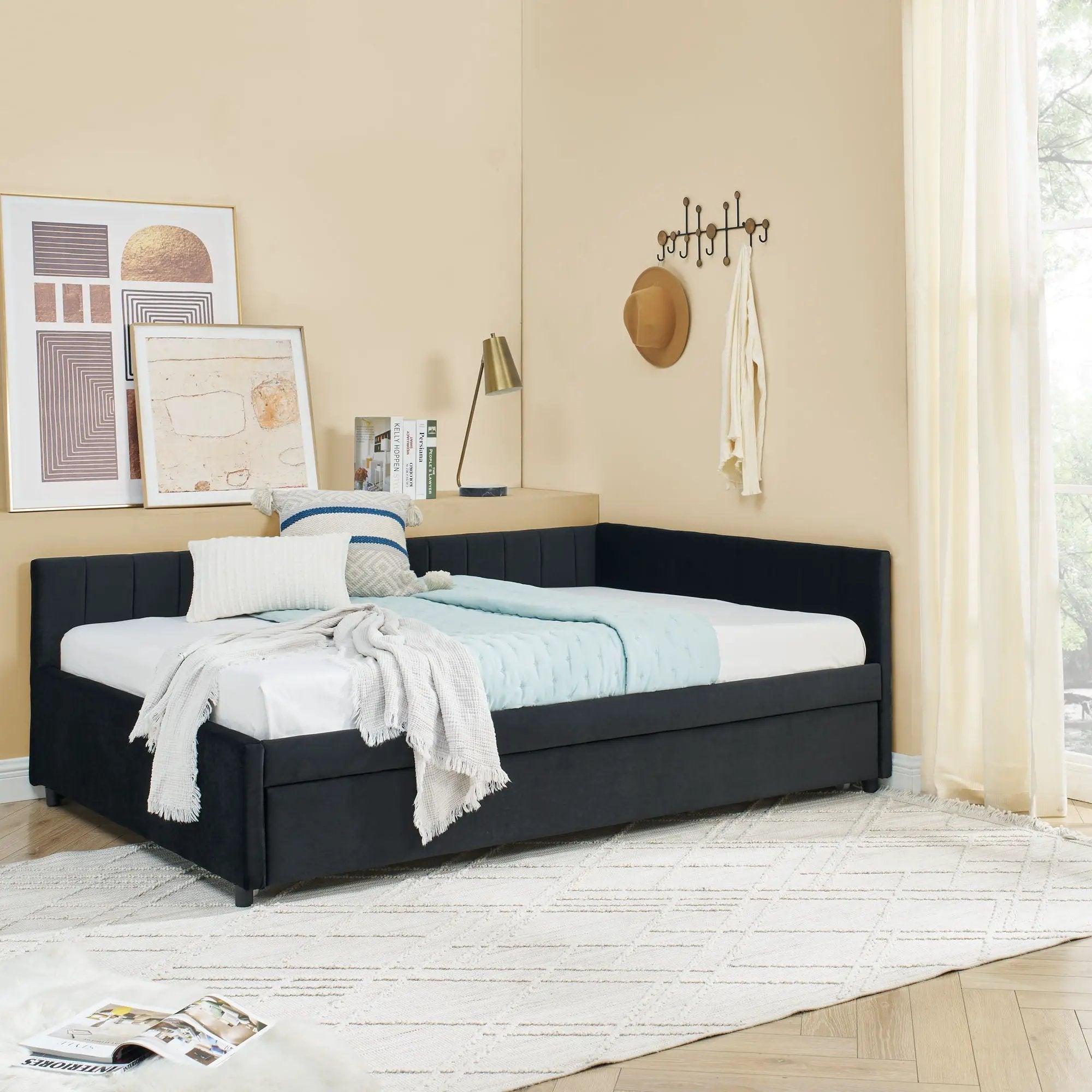 Full Size Upholstered Daybed With Trundle, Tufted Backrest And Armrests - Black by Unique Piece Furniture