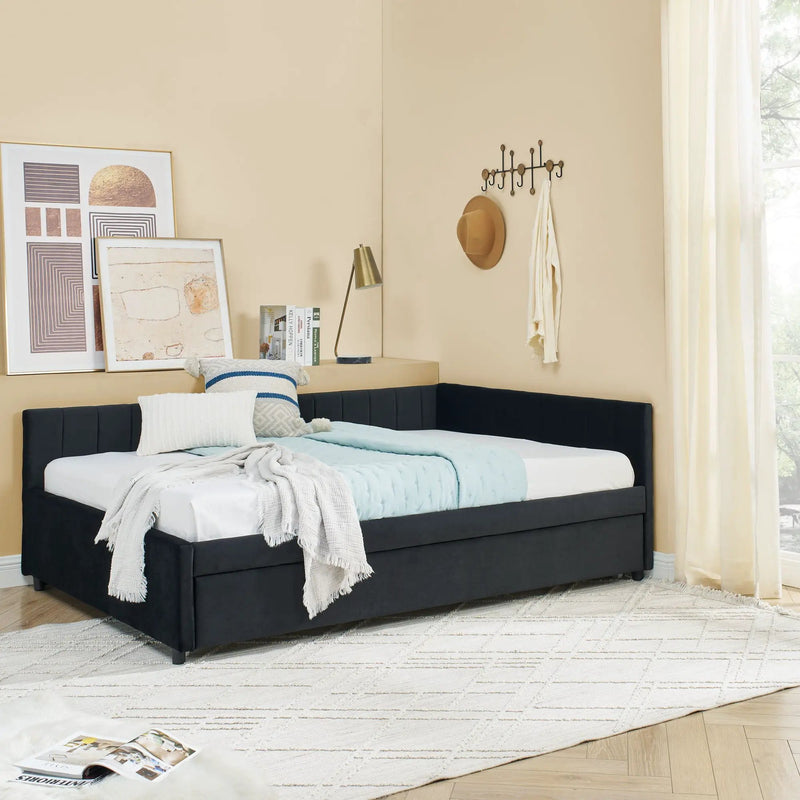 Full Size Upholstered Daybed With Trundle, Tufted Backrest And Armrests - Black by Unique Piece Furniture