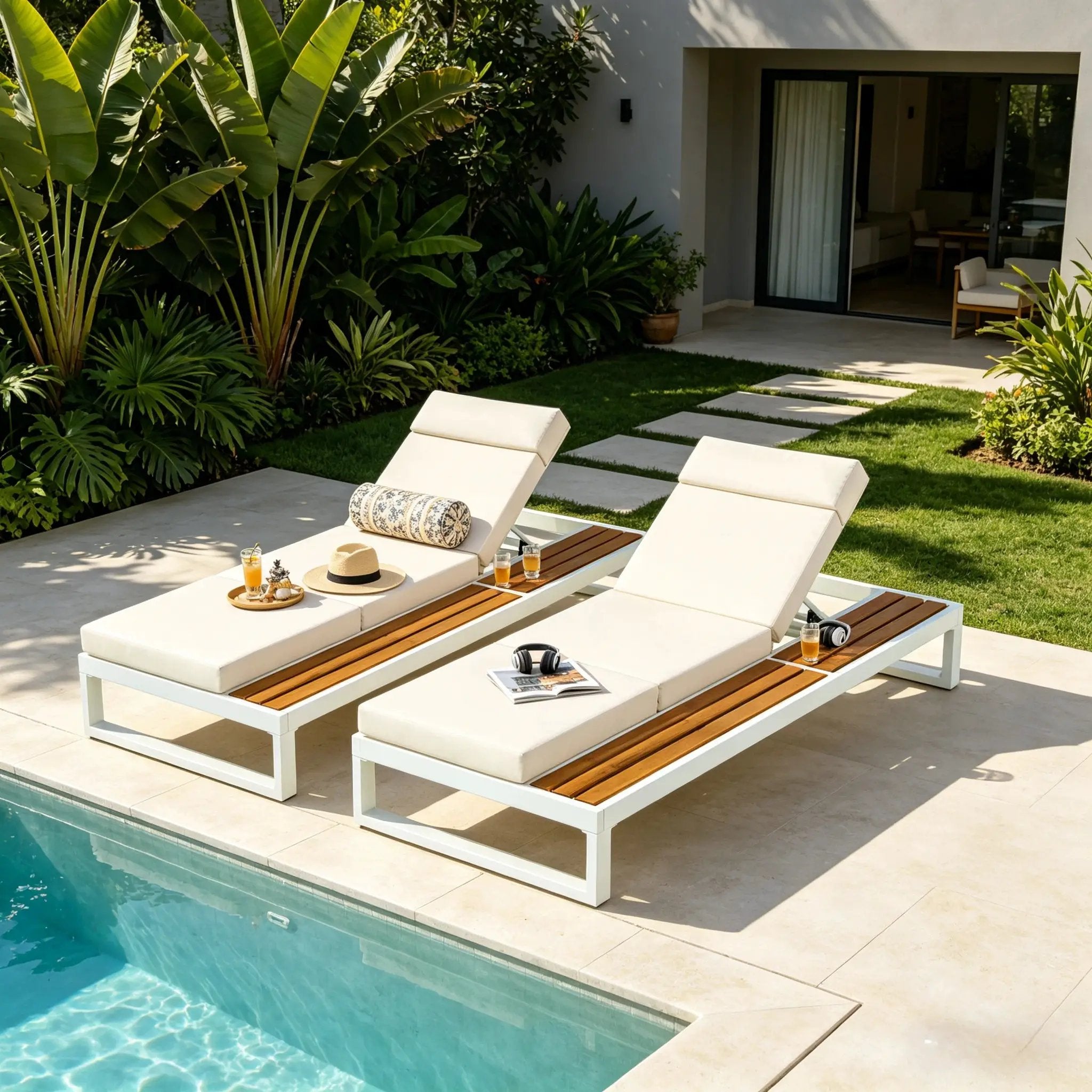White Iron & Teak Finish Chaise Lounge Set: 1 Frame + 1 4-Fold by HouseOfZazla