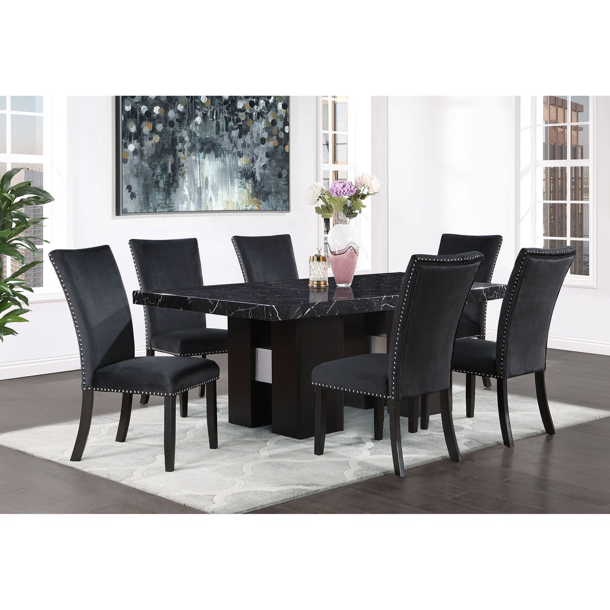 Black Velvet Dining Chair Set with Nailhead Trim - Set of 2, photo 3 of 6