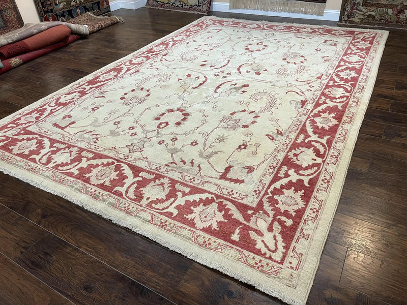 Peshawar Rug 8x12 Pakistani Carpet, Oriental Rug 8 x 12 Chobi Rug, Beige and Red, Allover Large Floral Design, Hand Knotted Vintage Wool by Jewel Rugs