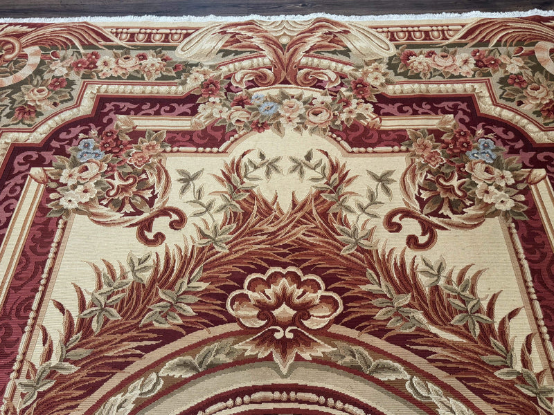 Large Aubusson Rug 10x13, Thick Flatweave Carpet, Elegant European Design, Cream and Raspberry by Jewel Rugs