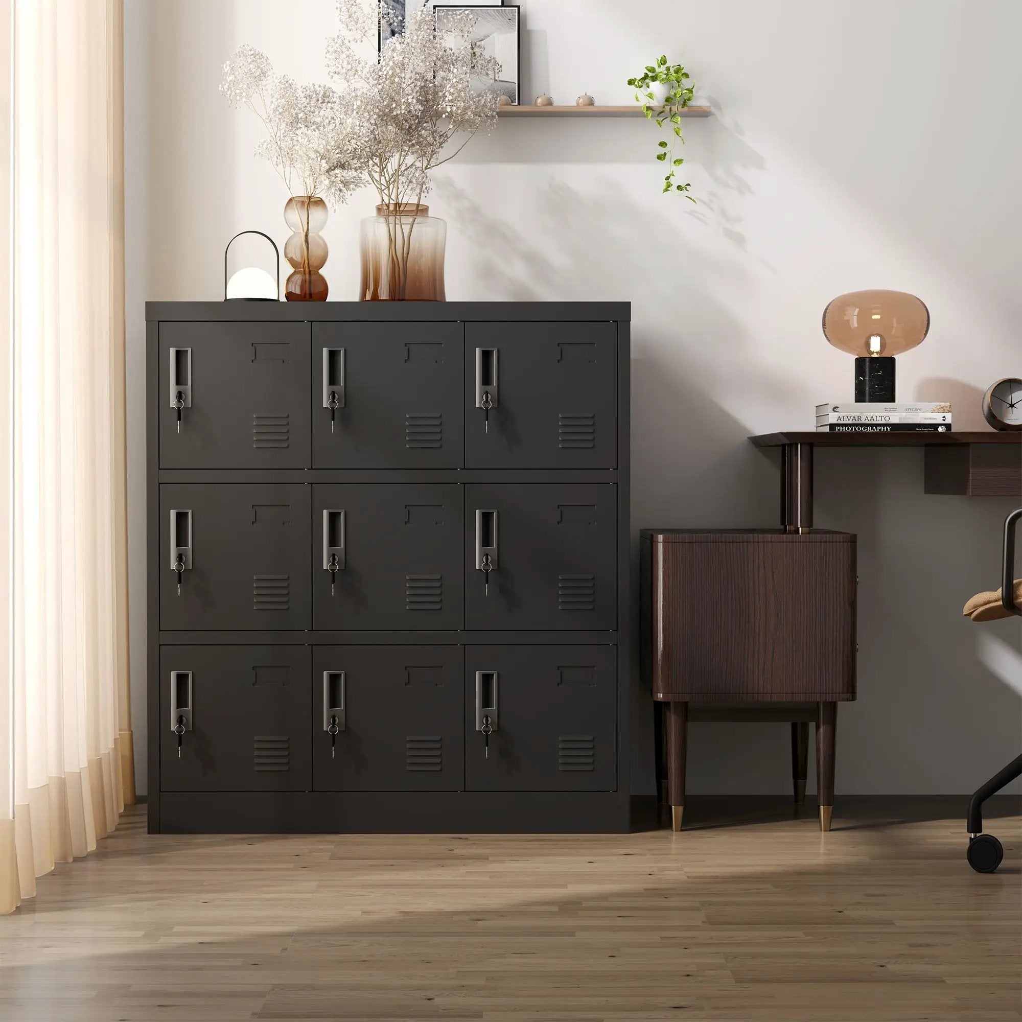9 Door Employee Storage Locker With Card Slot, Lockers For Office, Gym, School, And Home - Black by HouseOfZazla