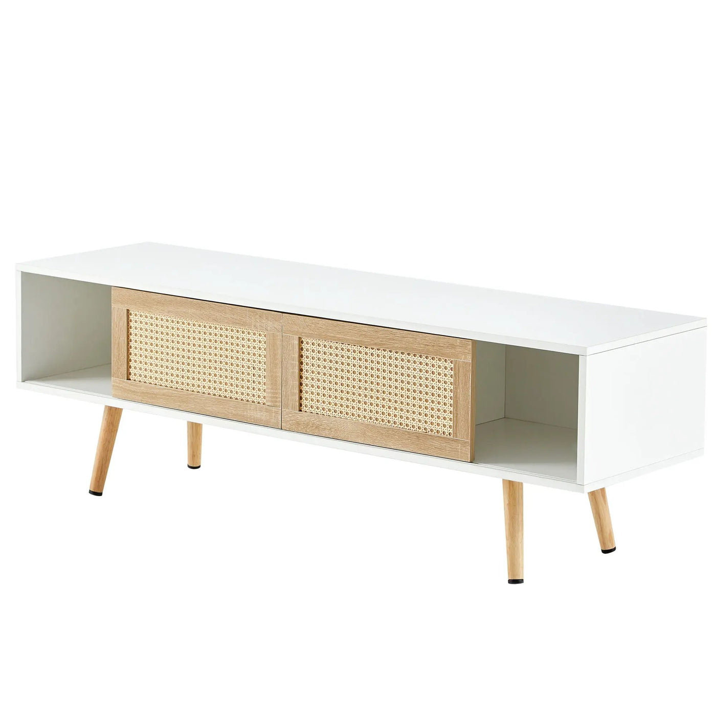 55.12" Rattan TV Cabinet, Double Sliding Doors For Storage, Adjustable Shelf, Solid Wood Legs, TV Console For Living Room by Unique Piece Furniture
