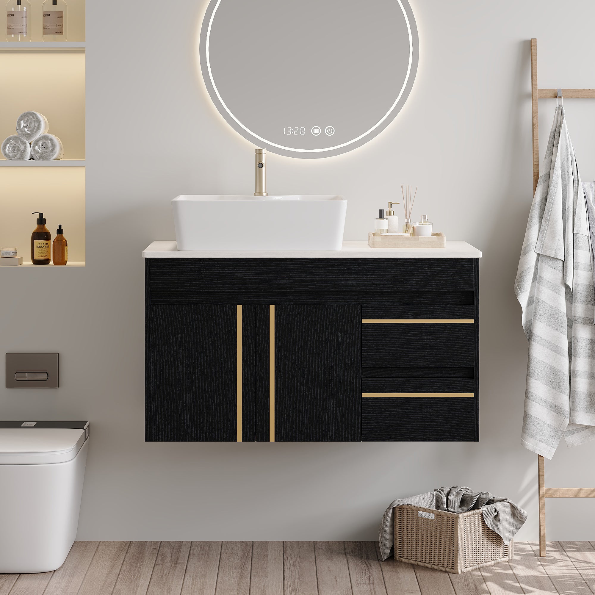 36" Wall-Mounted Bathroom Vanity with Vessel Ceramic Sink & Plywood Countertop by HouseOfZazla