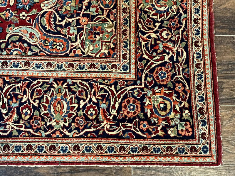 Persian Kashan Rug 4x7, Red and Navy Blue, Floral Antique Carpet by Jewel Rugs