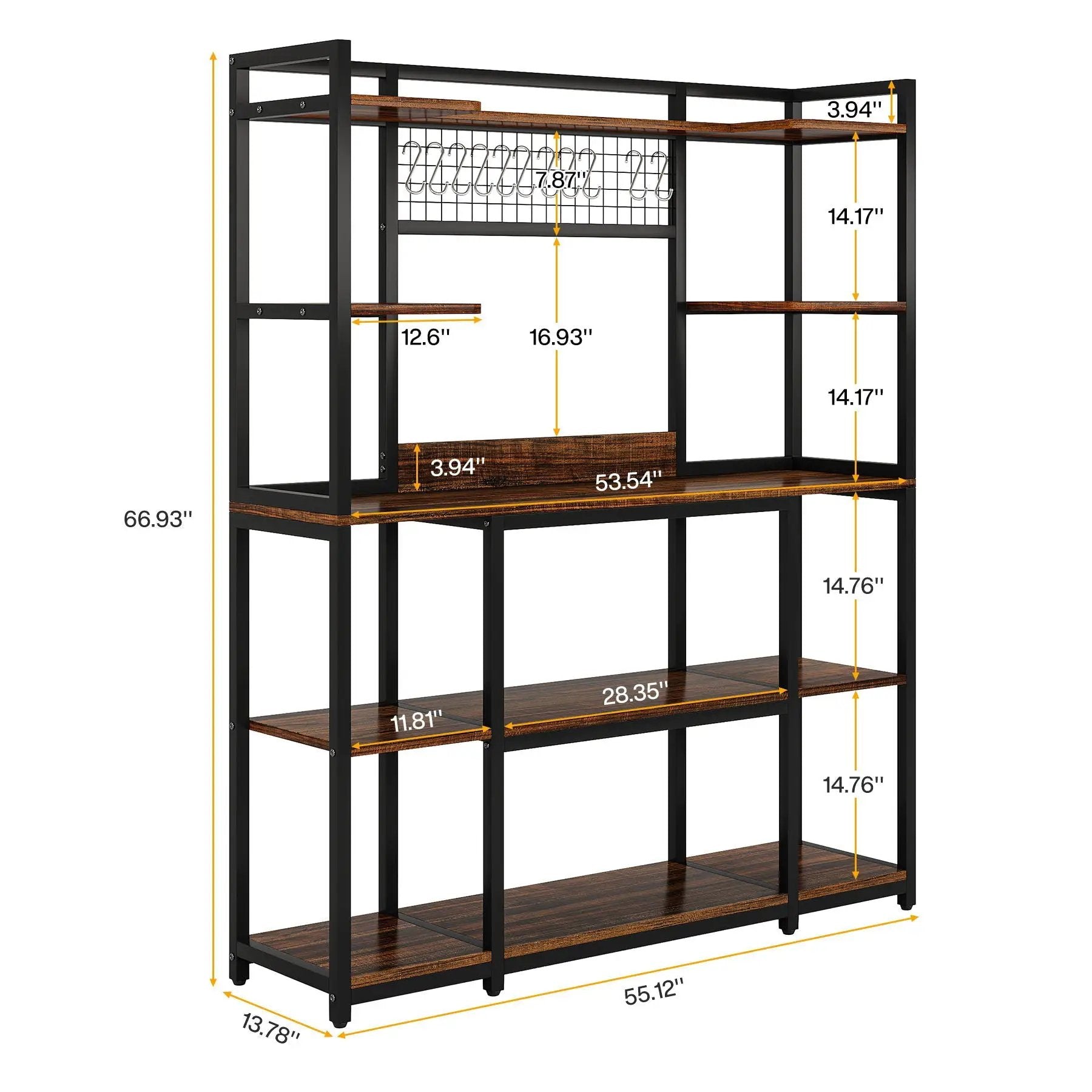 Baker's Rack With Hutch, 5 Tier Kitchen Storage Shelf, Freestanding Utility Pantry Organizer With Hooks And Microwave Stand - Black by HouseOfZazla
