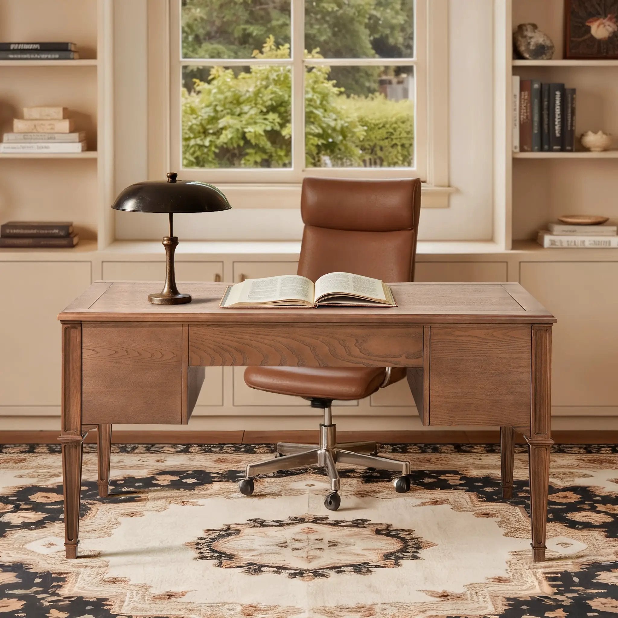 Dauphin Gold Accent 5-Drawer Wood Executive Desk Brown Ash Wood & Veneer by HouseOfZazla