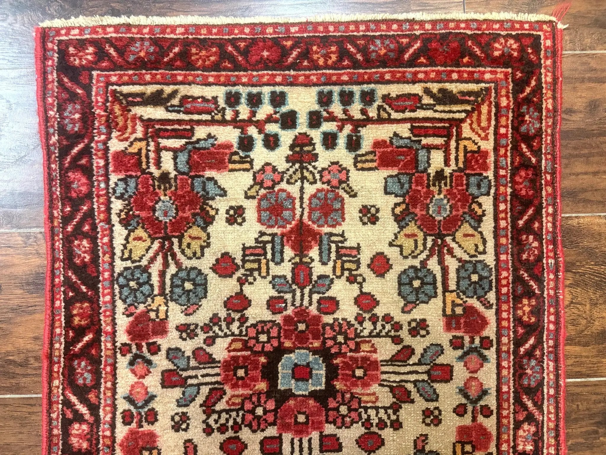 Small Antique Persian Rug 2x3, Beige and Red, Floral, Wool, Hamadan Rug by Jewel Rugs