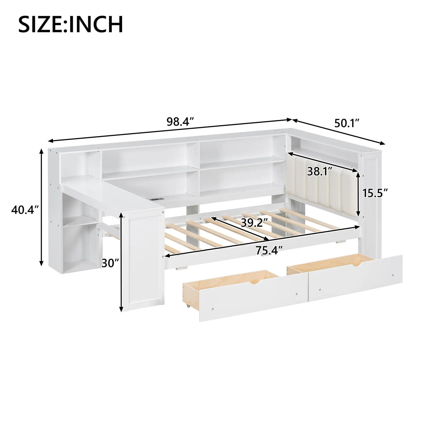 Platform Bed With Upholstered Headboard, Storage Shelves, Drawers, Charging Station, LED Lighting, Built In Desk by HouseOfZazla
