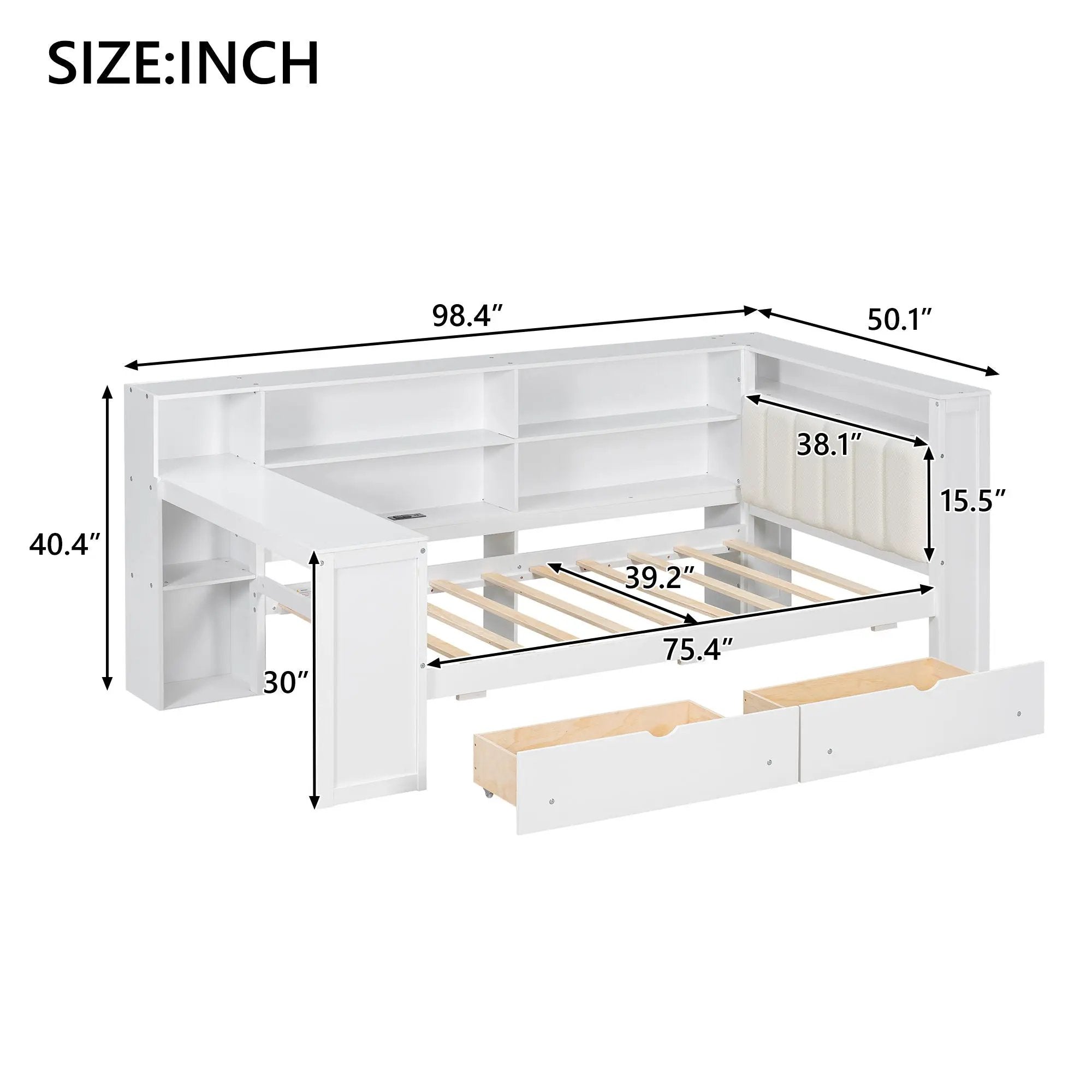 Platform Bed With Upholstered Headboard, Storage Shelves, Drawers, Charging Station, LED Lighting, Built In Desk by Unique Piece Furniture