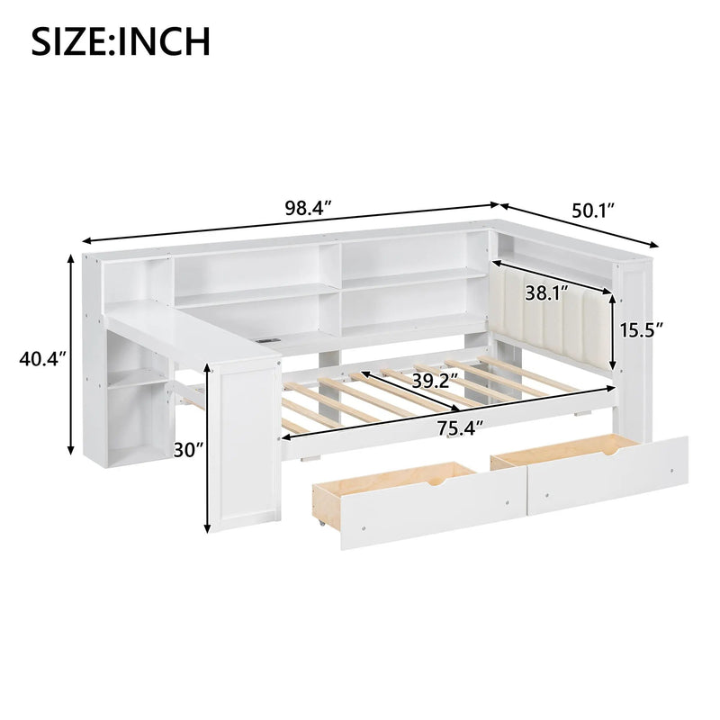 Platform Bed With Upholstered Headboard, Storage Shelves, Drawers, Charging Station, LED Lighting, Built In Desk by Unique Piece Furniture