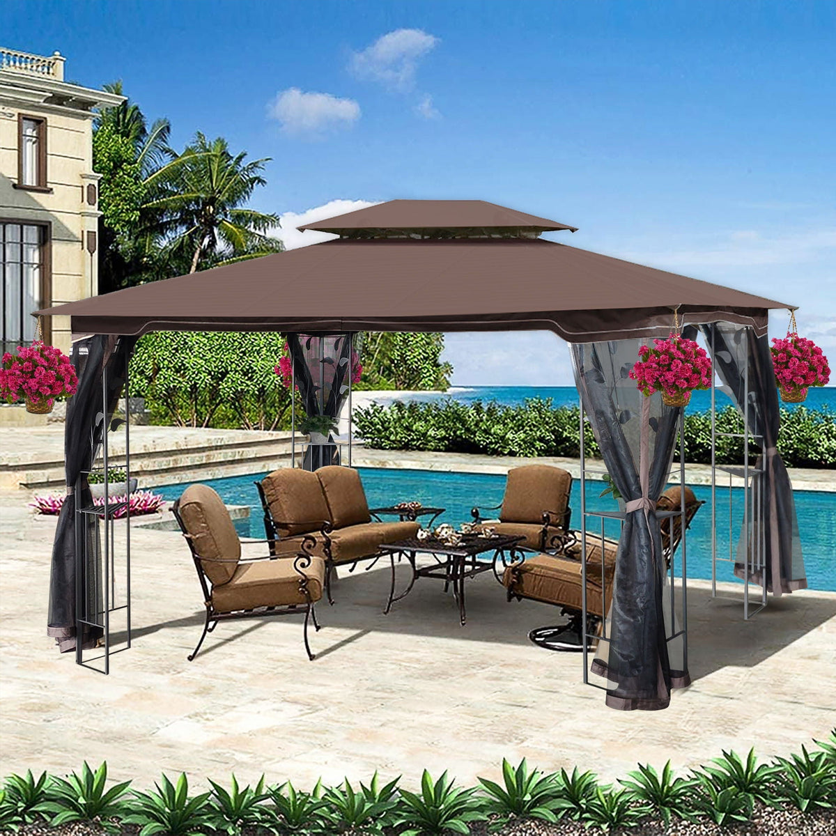 Patio Gazebo Tent with Double Roof and Mosquito Net - Dark Gray or Dark Brown, photo 6 of 8