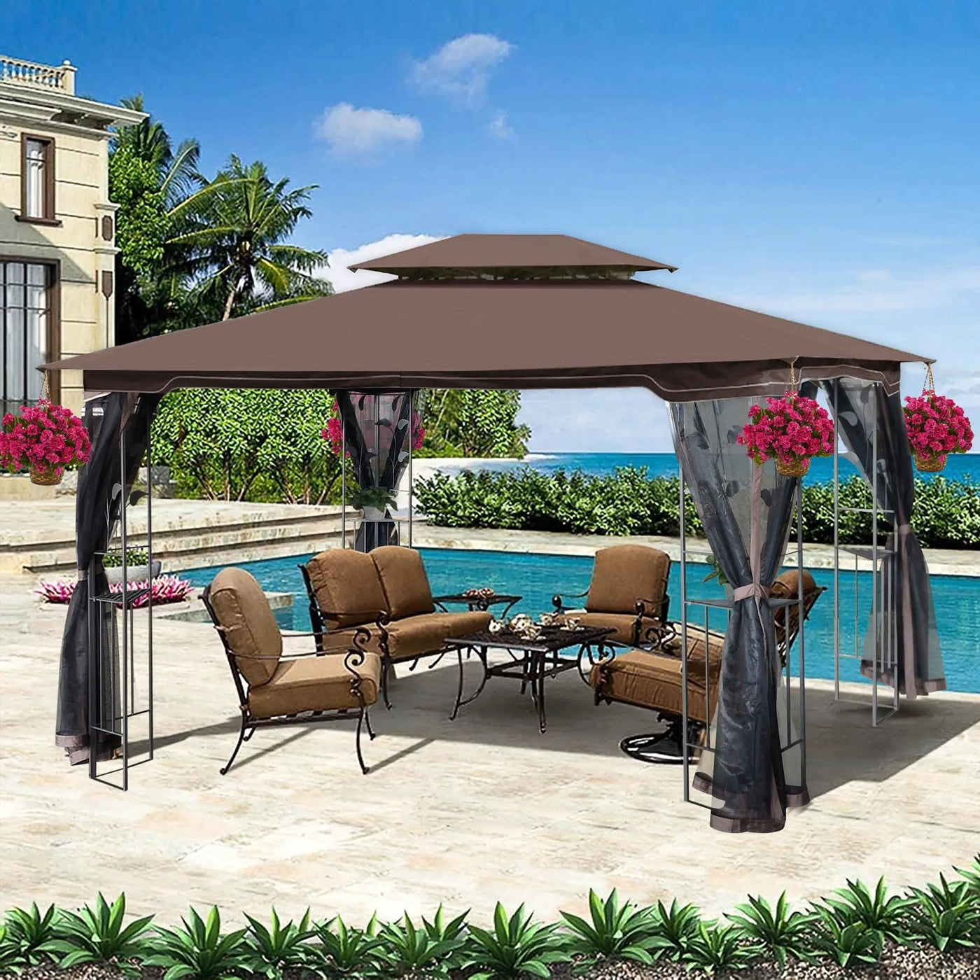 Patio Gazebo Tent With Ventilated Double Roof And Mosquito Net For Backyard Or Garden by Unique Piece Furniture