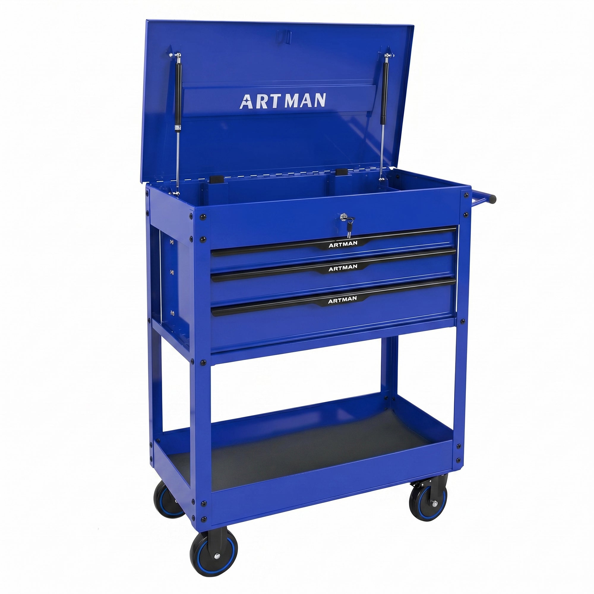 3 Drawers Multifunctional Tool Cart with Wheels and Steel Top - Blue & Black by HouseOfZazla
