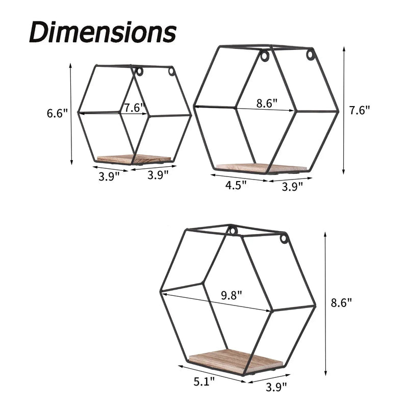 Wall Mounted Hexagonal Floating Shelves - Black (Set of 3) In Different Sizes, Modern Metal Wall Shelf, Simple Wood Partition Storage Shelves, Wall Decor Rack - Natural Wood by Unique Piece Furniture