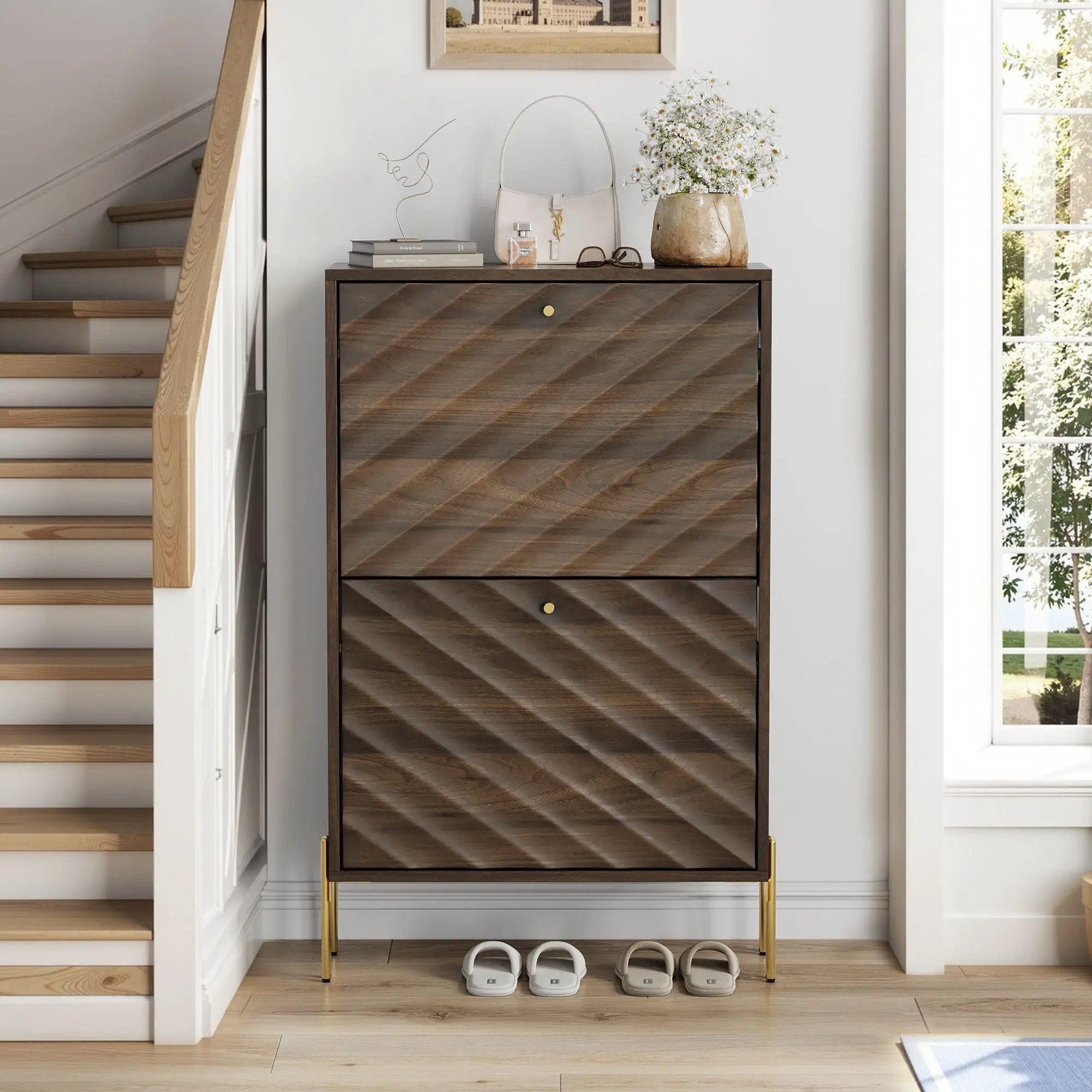 Shoe Cabinet, Freestanding Organizer For Entryway - Walnut by Unique Piece Furniture