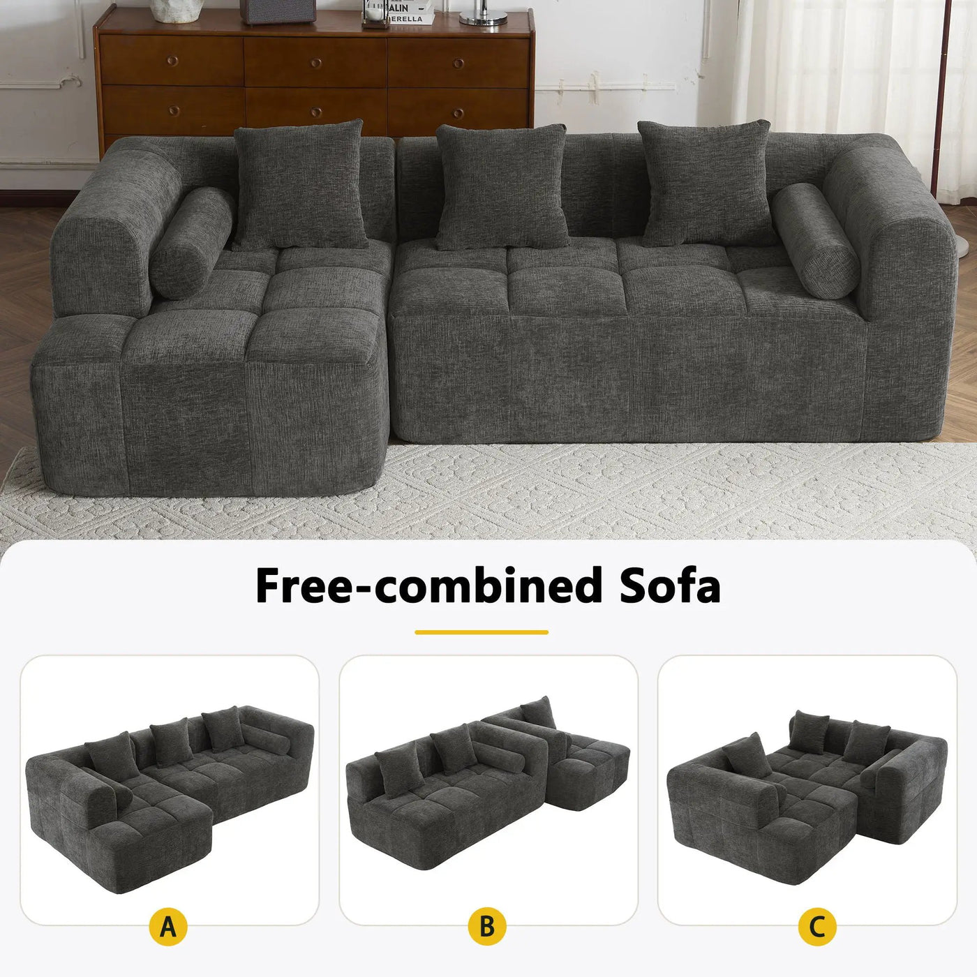 Sectional Free Combined Sofa With 2 Side Pockets by Unique Piece Furniture