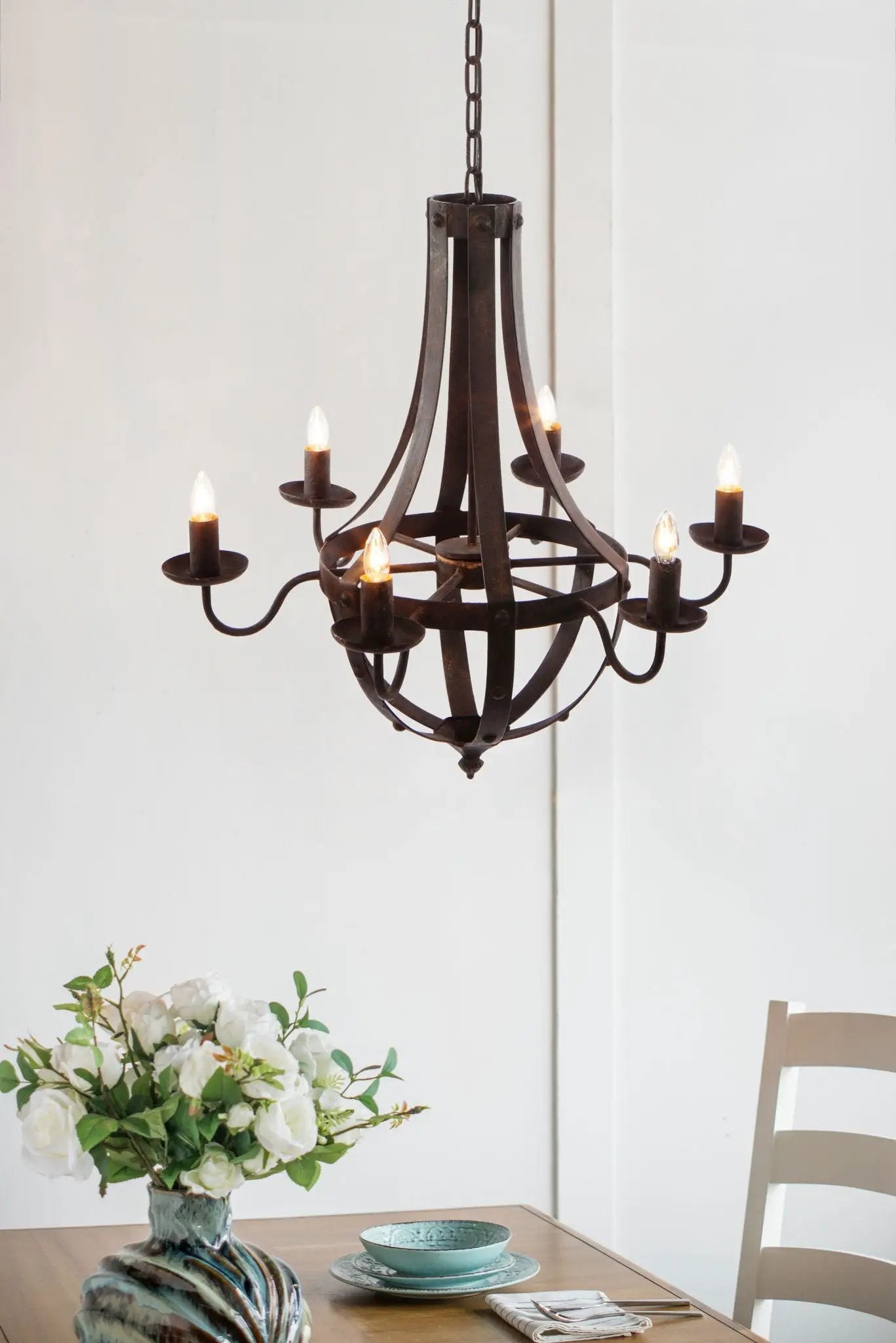 6 Light Metal Chandelier, Hanging Light Fixture With Adjustable Chain For Kitchen, Bulb Not Included - Black by HouseOfZazla