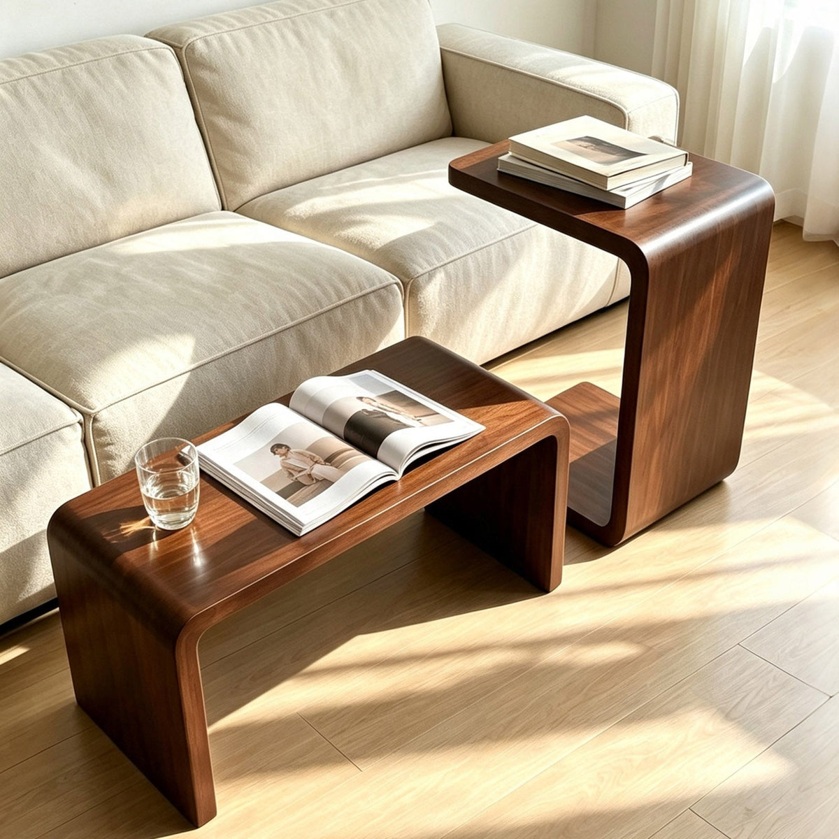 2-in-1 Convertible C Shaped Coffee Table with Modern Design - Rubber Wood, photo 2 of 7