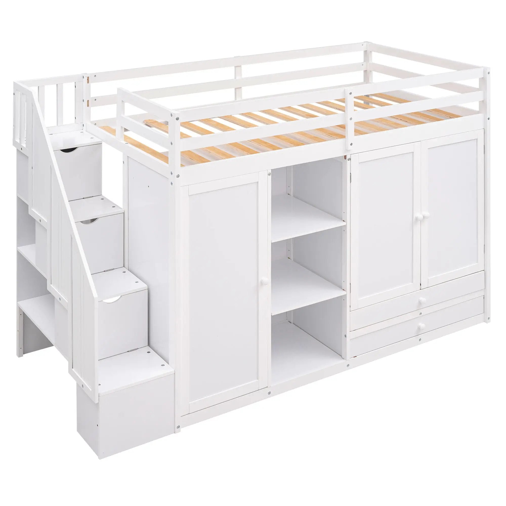 Loft Bed With 3 Shelves, 2 Wardrobes, 2 Drawers, Ladder Storage by HouseOfZazla