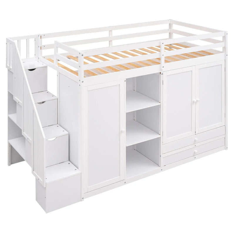 Loft Bed With 3 Shelves, 2 Wardrobes, 2 Drawers, Ladder Storage by HouseOfZazla