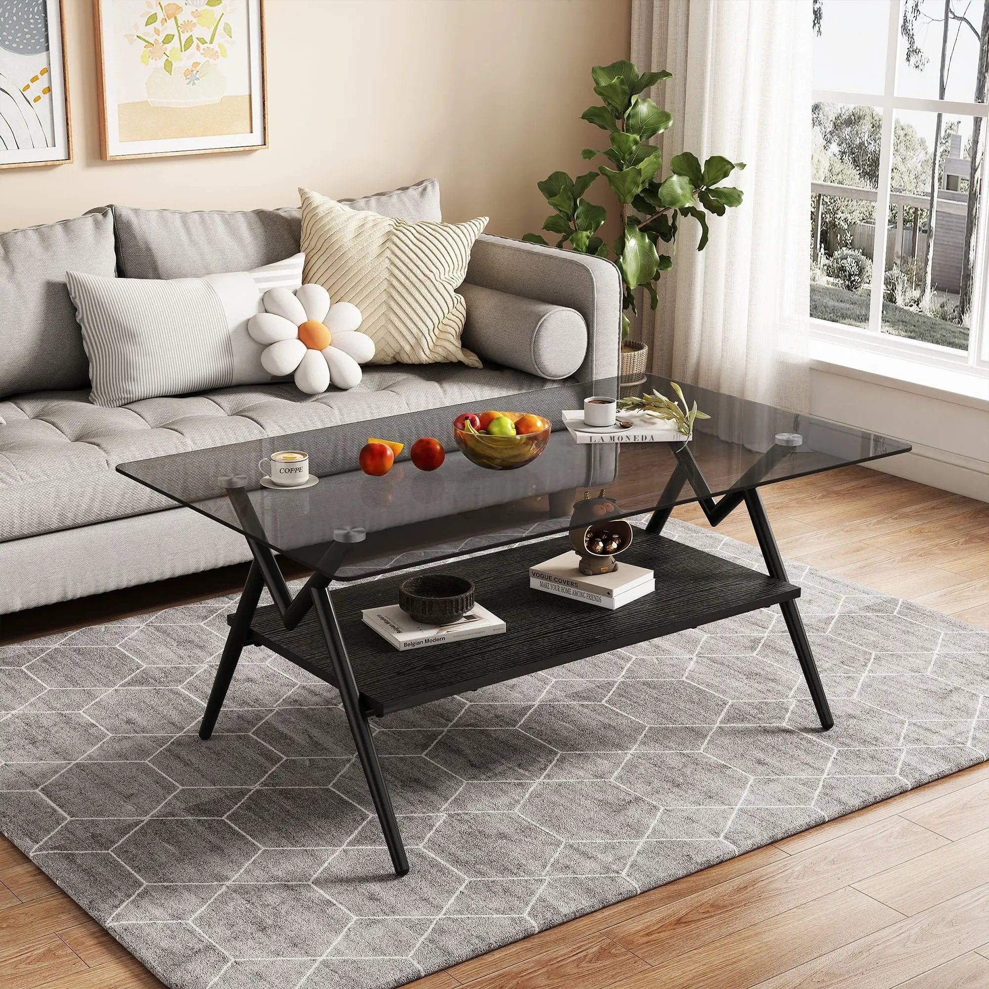 Rectangle Coffee Table With Tempered Glass Top And Shelf, Modern Table For Living Room by Unique Piece Furniture
