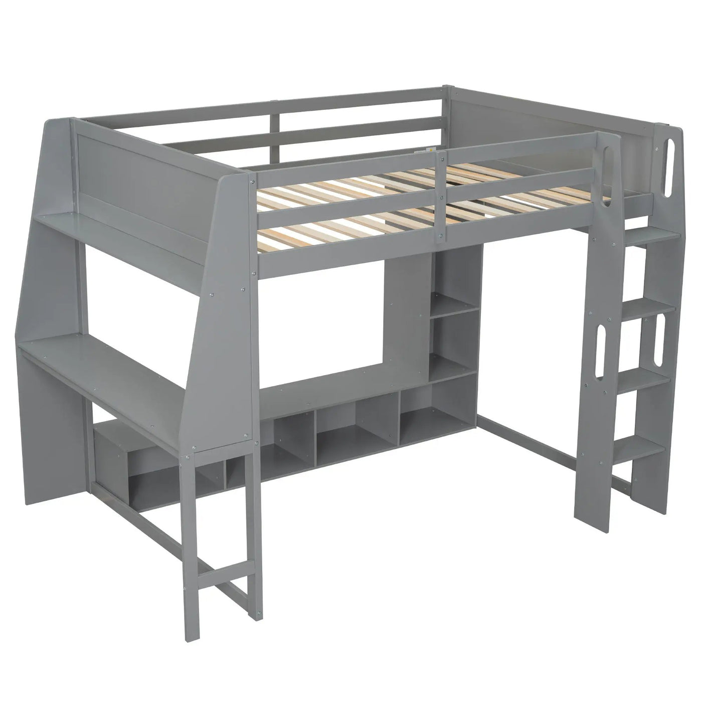 Gaming Loft Bed With Desk, Multi Storage Shelves, LED Lighting, And Hanging Clothes Rack by HouseOfZazla