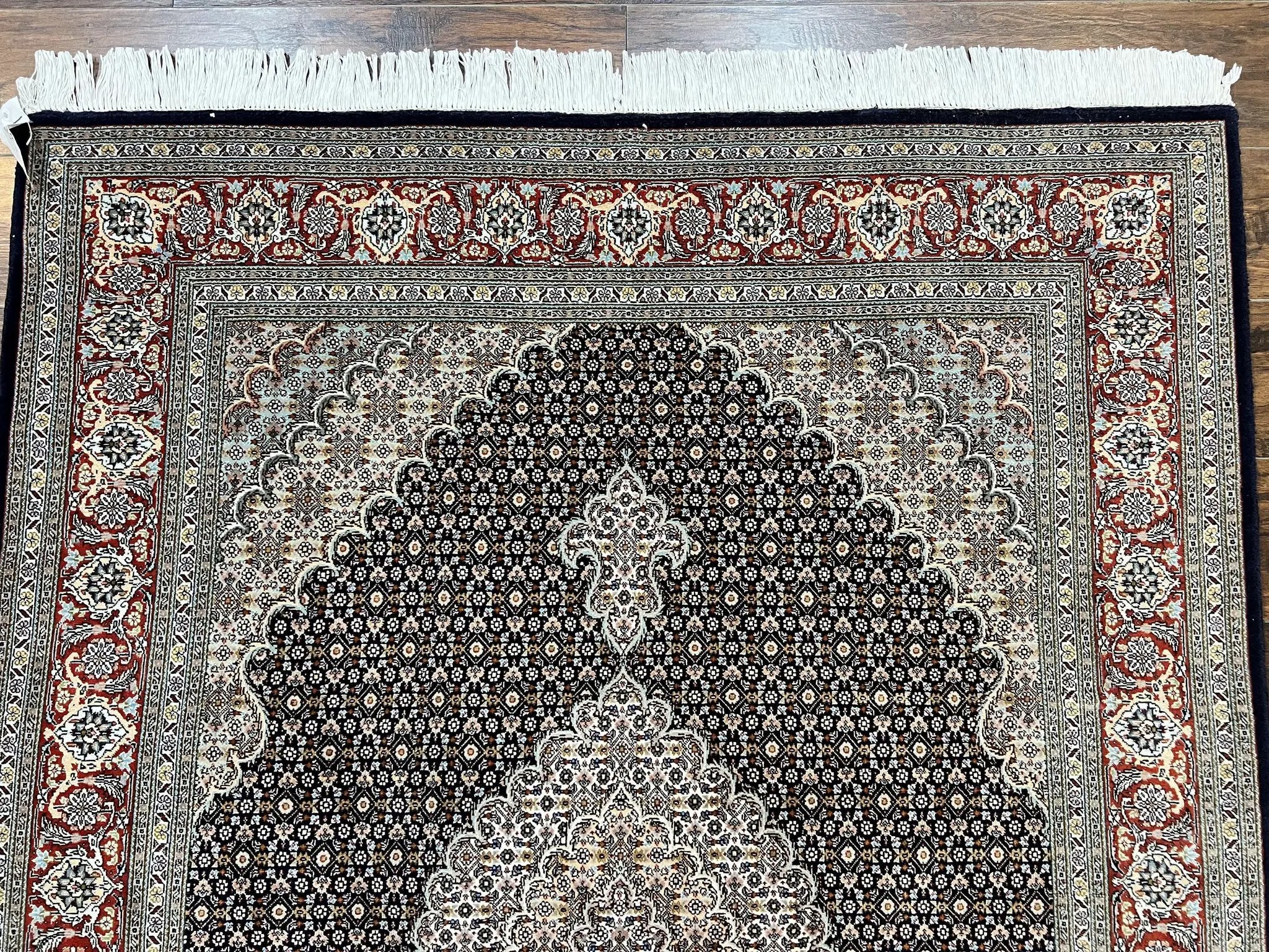 Persian Tabriz Rug 5x7, Wool with Silk Highlights, Hand Knotted Vintage Oriental Carpet, Very Fine, Herati Mahi Pattern, Black, Rare by Jewel Rugs