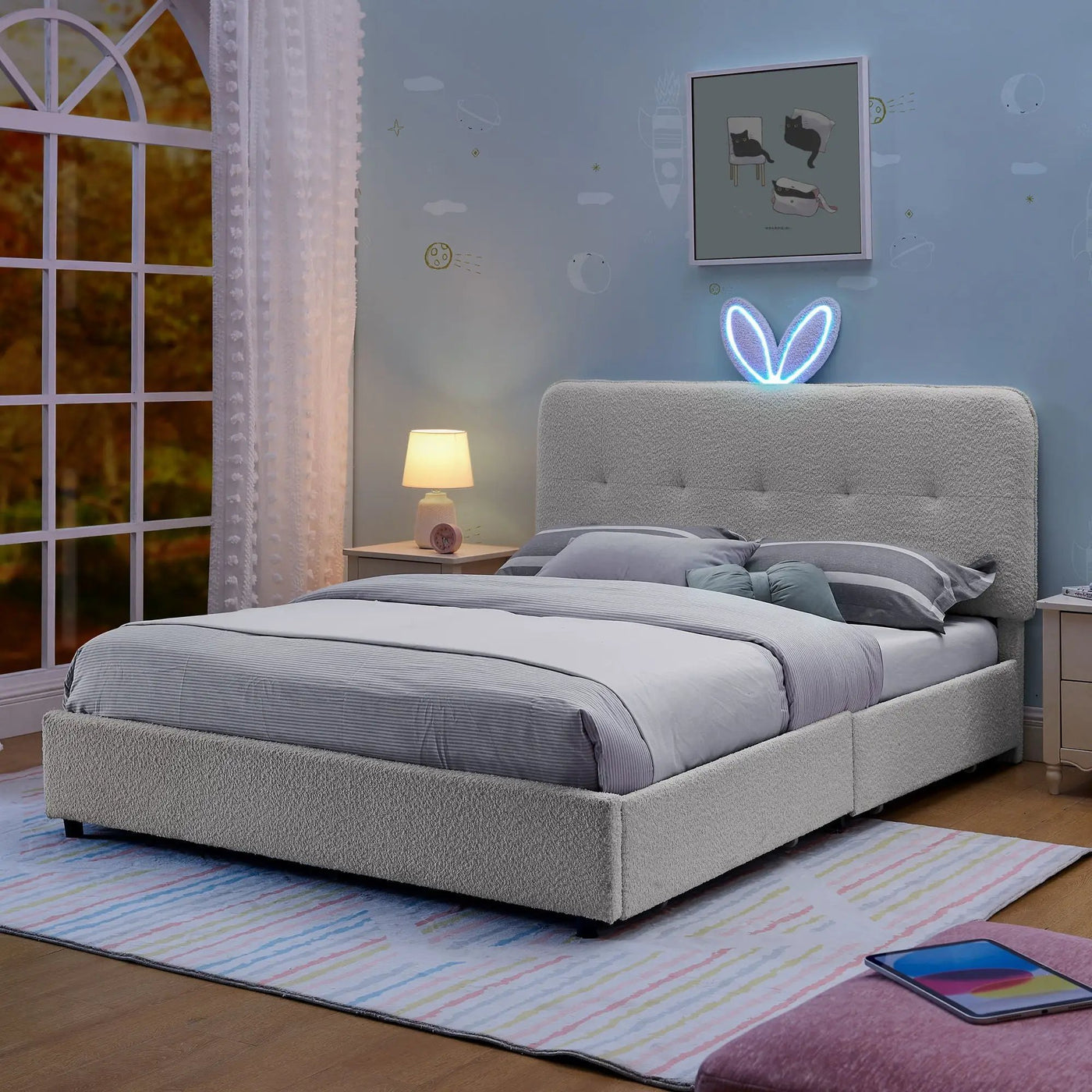 Upholstered Bed With Oversized Rabbit Ear Headboard, LED Lights & 4 Storage Drawers by HouseOfZazla