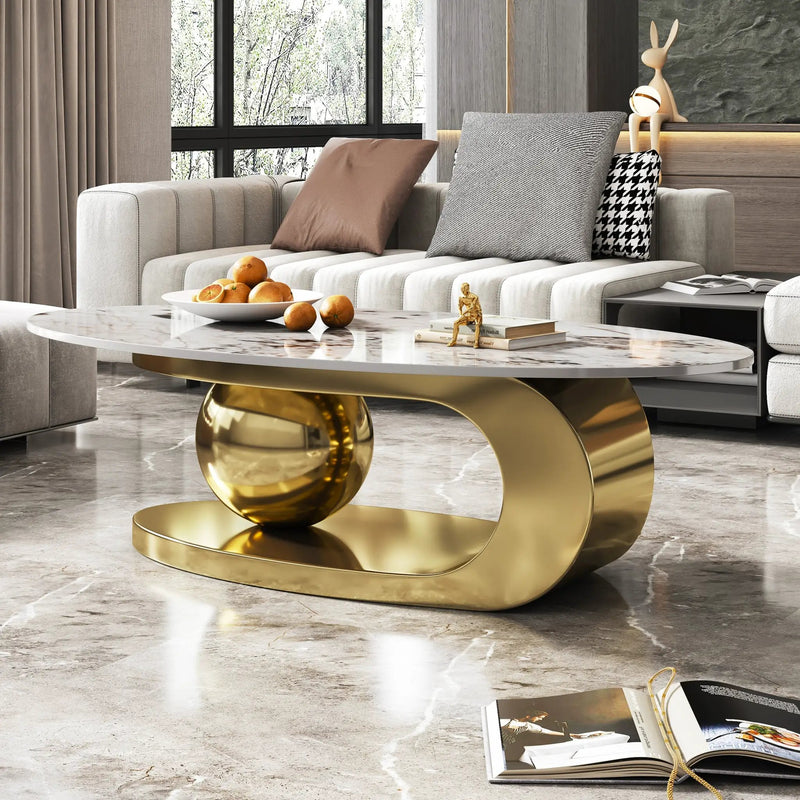 49.2 Inches Oval Faux Marble Coffee Table for Living Room with Stainless Steel Base by HouseOfZazla