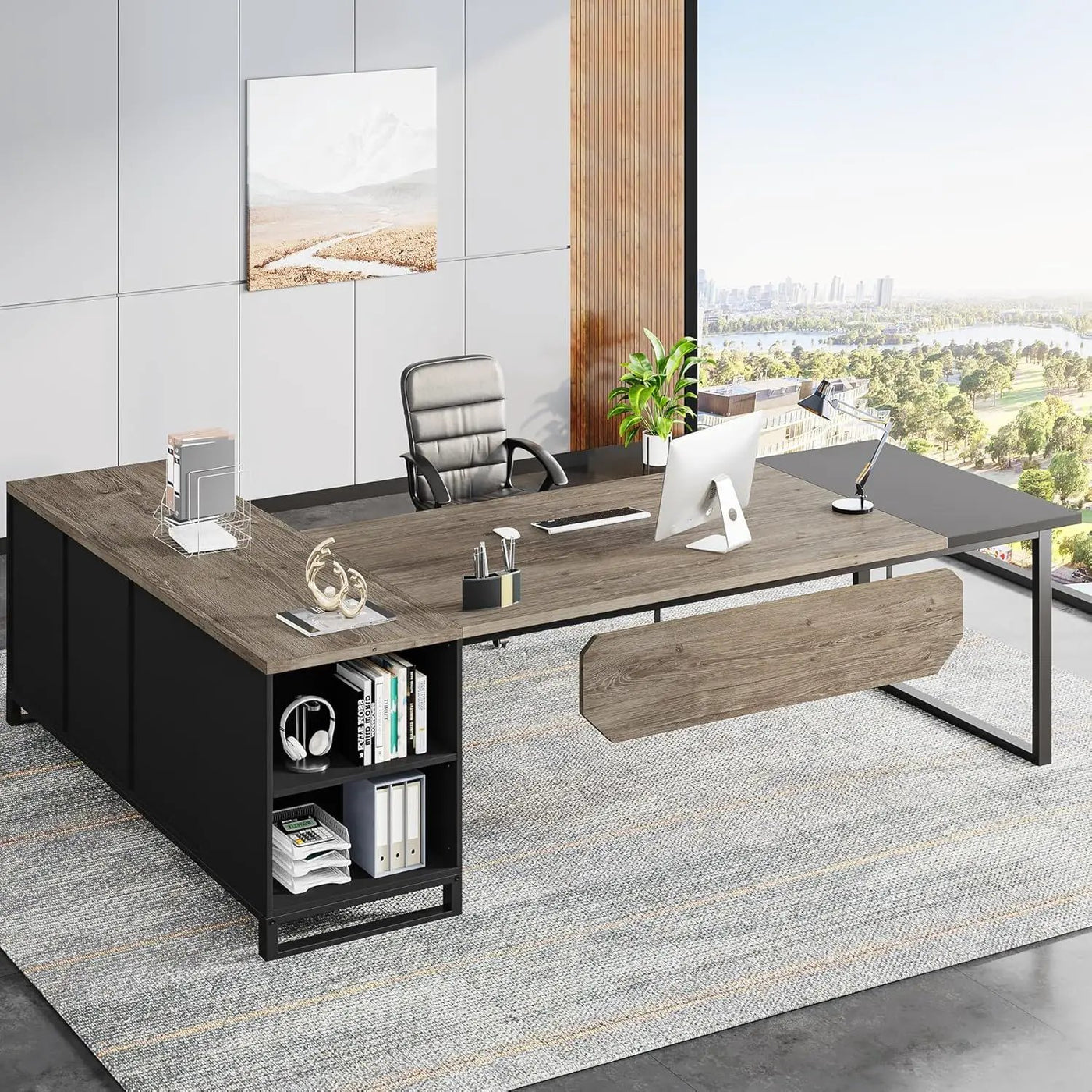L-Shaped Executive Desk With File Cabinet, Computer Workstation With Storage by HouseOfZazla