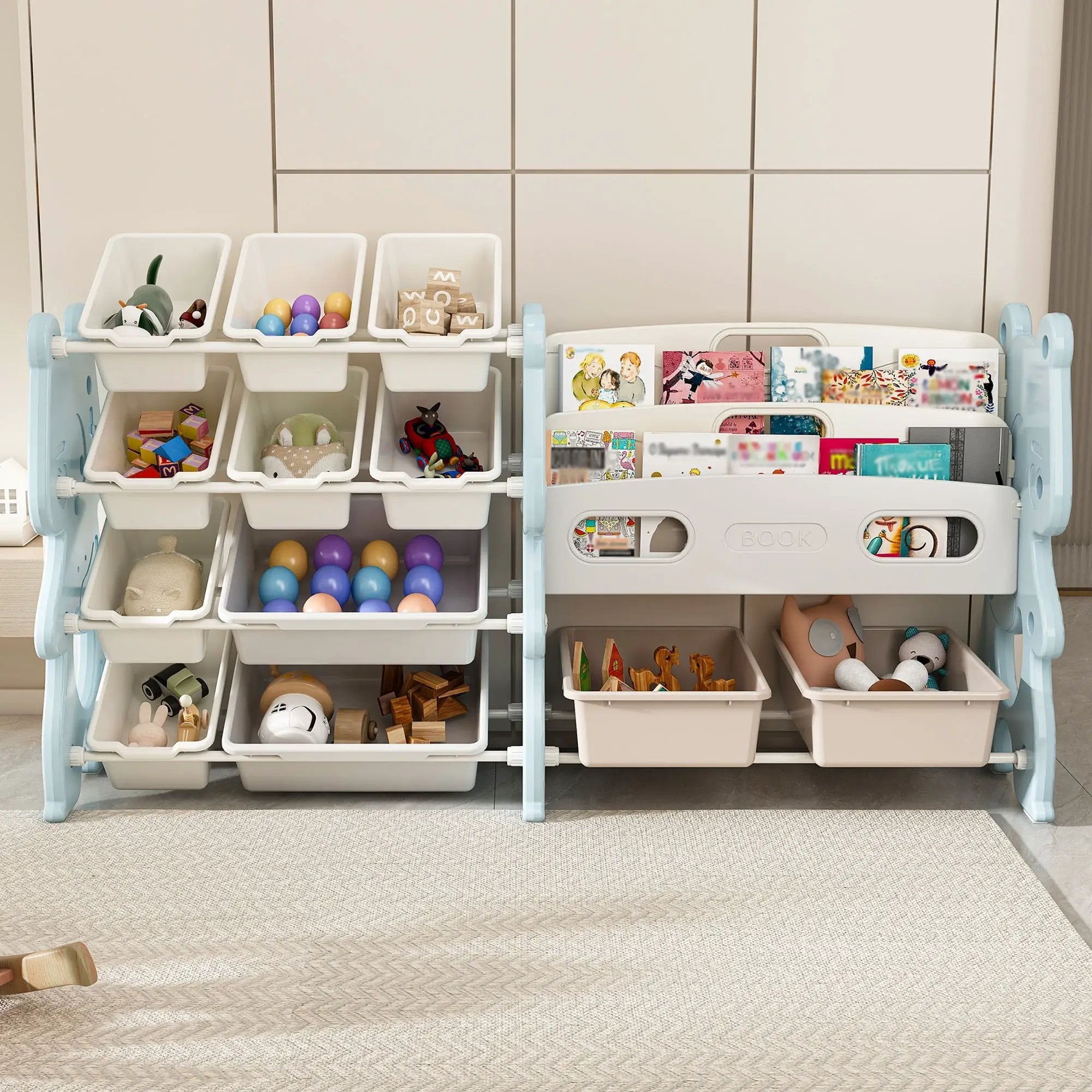 Kids Toy Storage Organizer With 2 Tier Bookshelf, Toy Storage With 12 Bins by Unique Piece Furniture