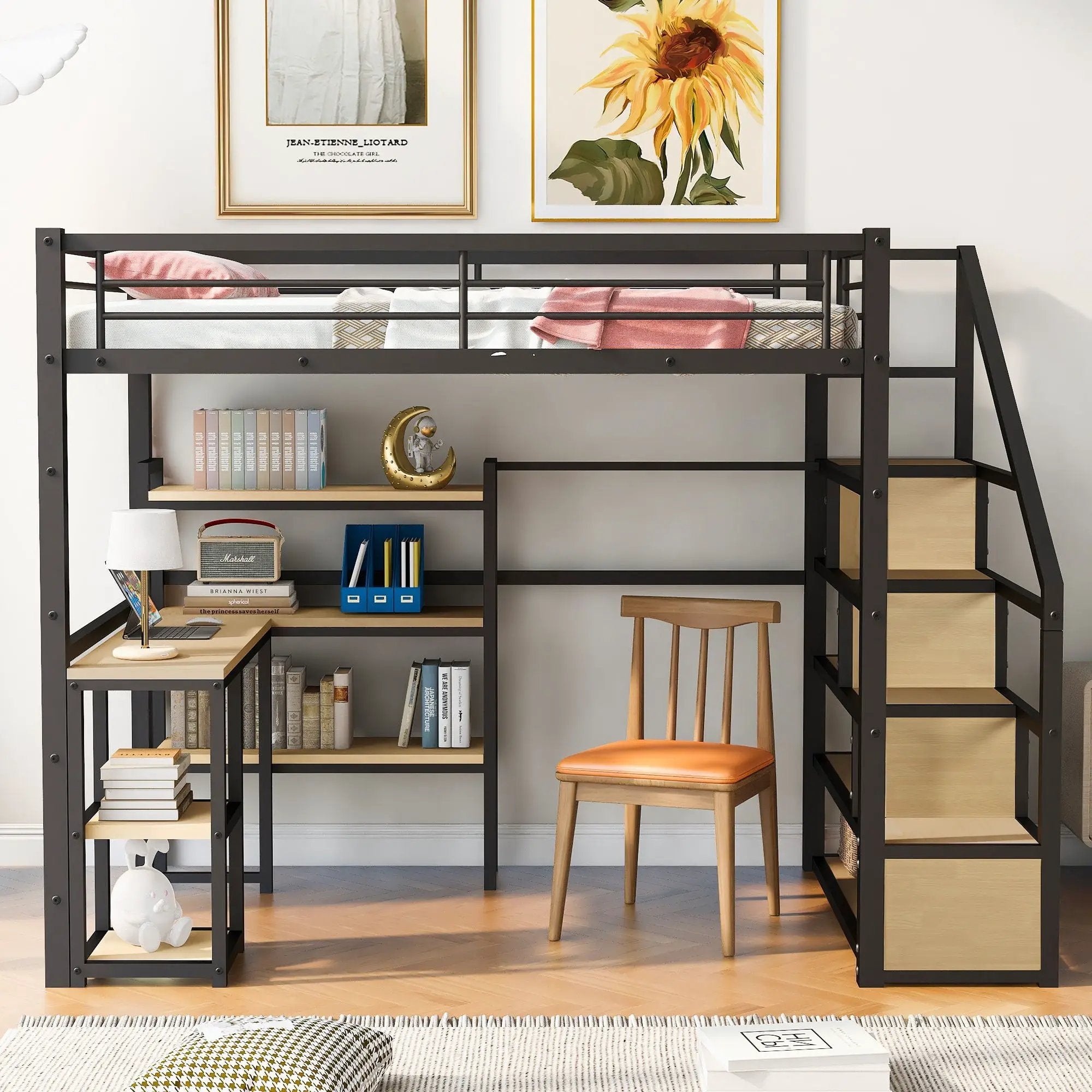 Full Size Loft Bed With Staircase, Built In Desk And Shelves And Sleeping Surface - Black by HouseOfZazla