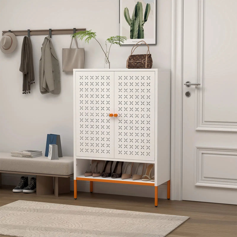Grid Double Door Shoe Cabinet With Adjustable Compartments And Moisture-Proof Design In Metal by Unique Piece Furniture