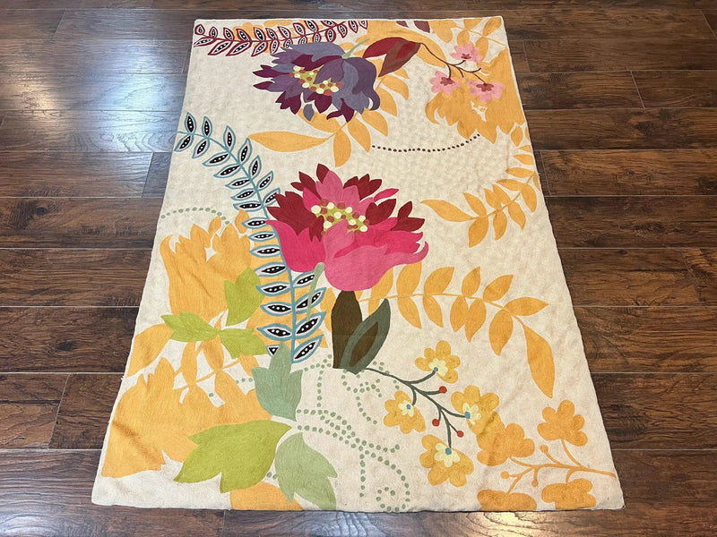 Indian Hand Stitched Rug 4x6, Floral, Silk, Large Floral Design by Jewel Rugs