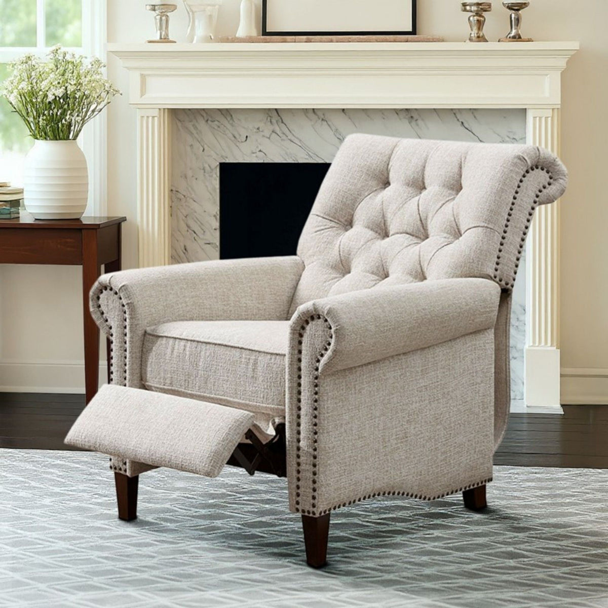 Cream Push Back Recliner Chair with Tufted Back and Nailhead Trim, photo 9 of 15