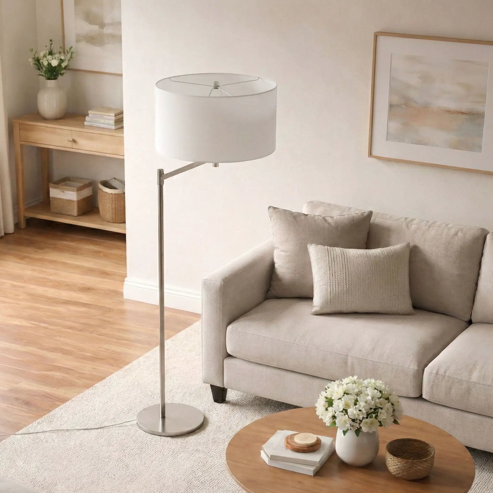 Horizon - Table Lamp With On / Off Switch Curved Base Linen Shade - Brushed Nickel / Silver / White by Unique Piece Furniture