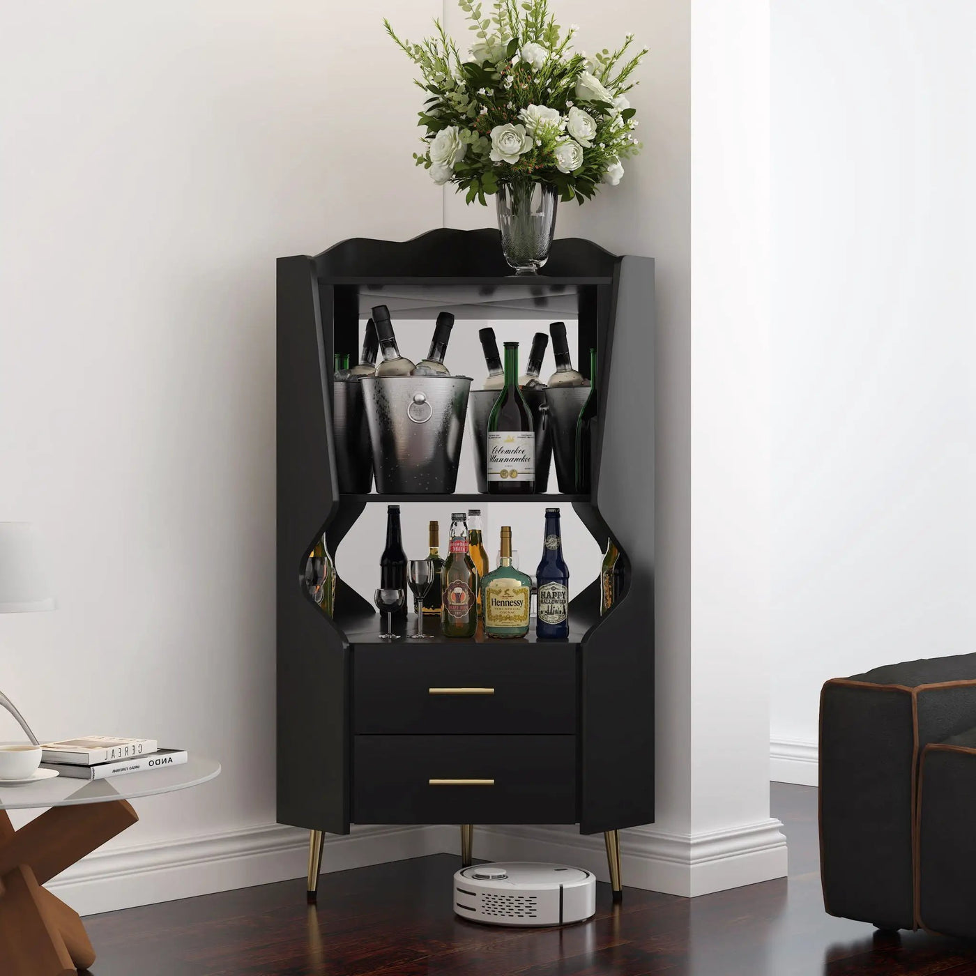 Corner Bar Cabinet With Mirrored Back, 2 Open Shelves & 2 Drawers by HouseOfZazla