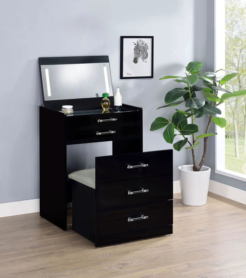 Danbury 3-drawer Makeup Vanity & Stool Set Black High Gloss by Unique Piece Furniture