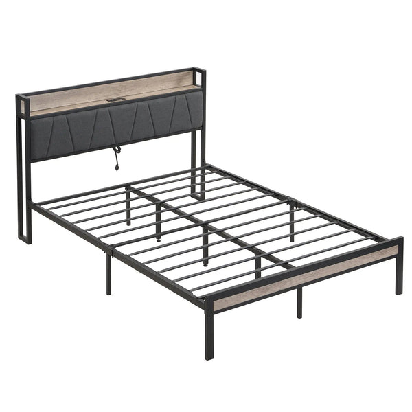 Modern Bed Frame With LED Lights, Upholstered Headboard, USB Charging