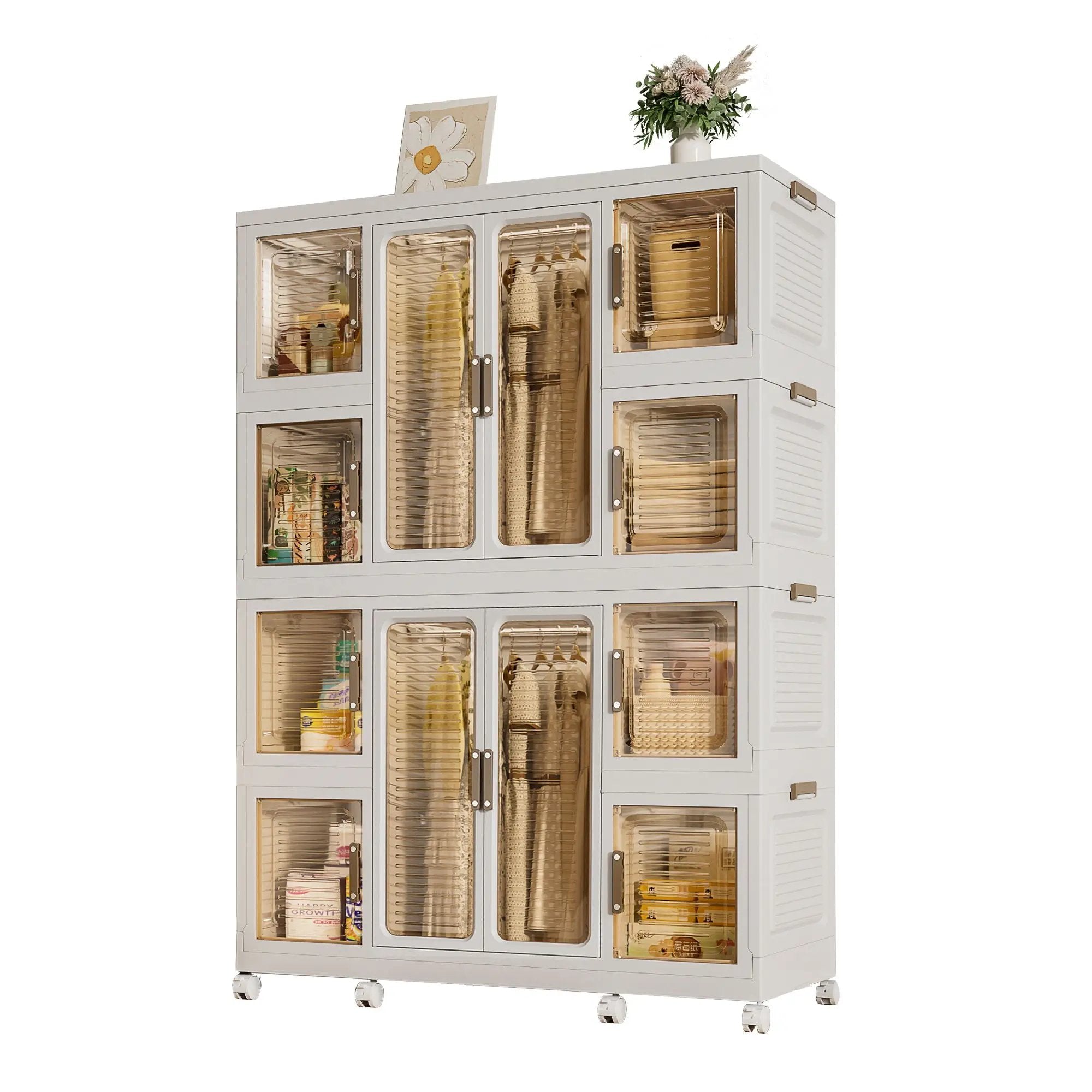 Portable Wardrobe Closet Storage Organizer For Clothes With Magnetic Doors, 12 Cubes & 2 Hanging Rods - White by Unique Piece Furniture