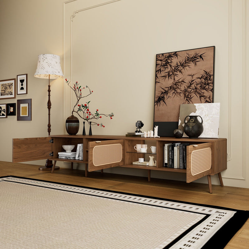 78" Walnut TV Stand With Ample Storage And Open Shelving, photo 3 of 4