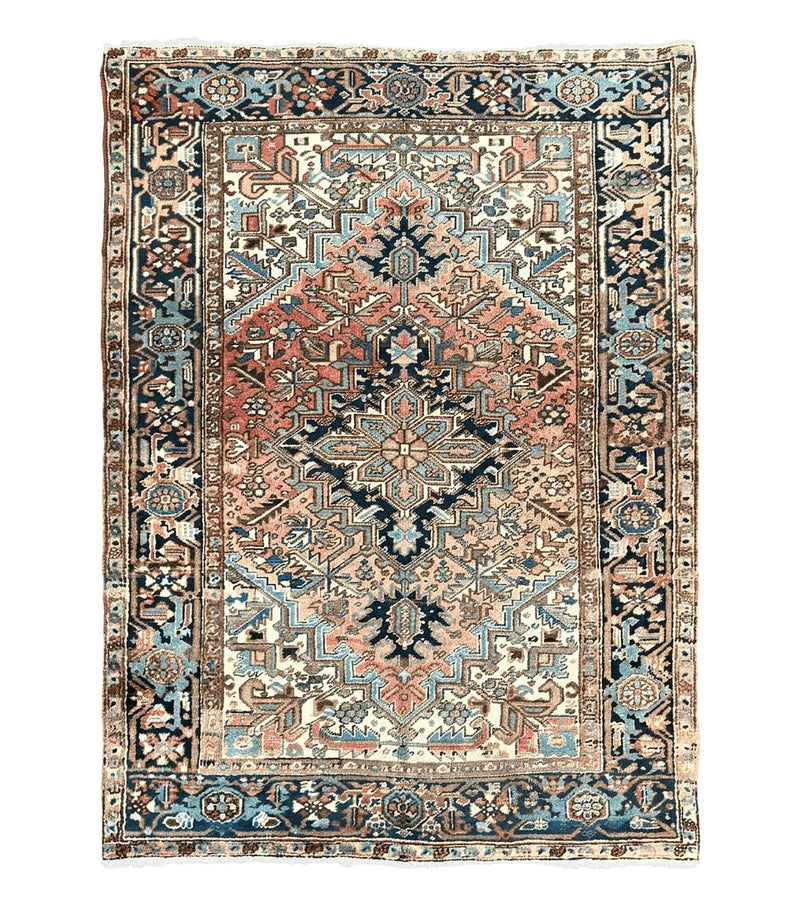 Antique Persian Heriz Rug 6x8, Geometric Medallion, 1920s Oriental Carpet, Handmade Wool Rug by Jewel Rugs